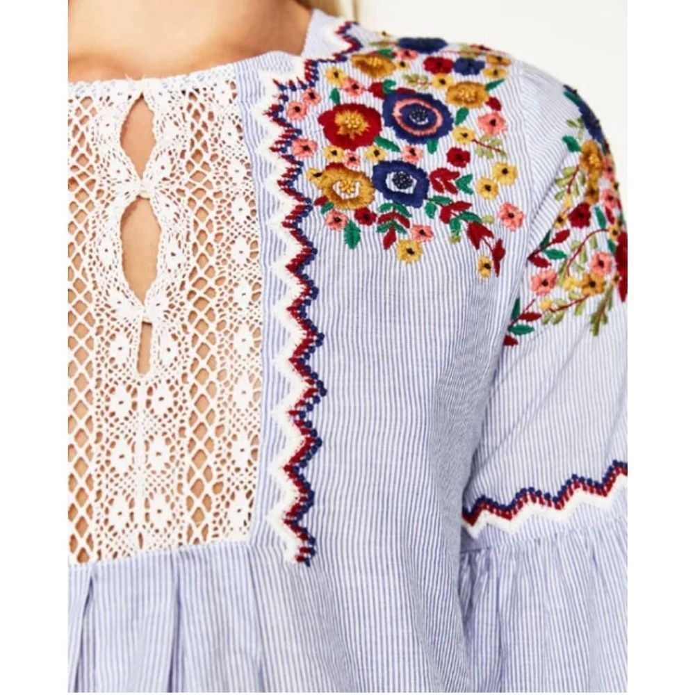 Zara Basic GUC Embroidered Striped Blouse Top Size XS - Picture 2 of 9